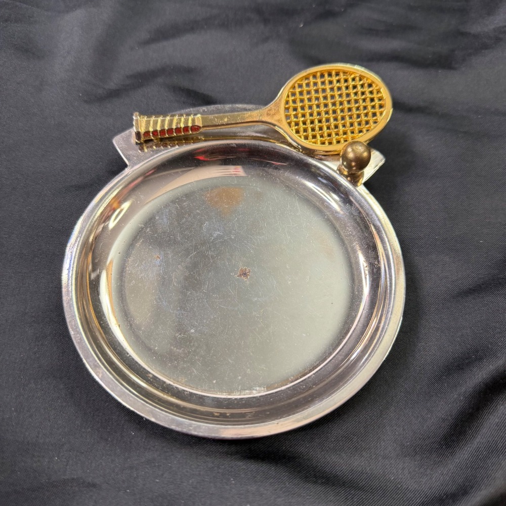 Vintage Tennis Racket Trinket Dish Silver Gold Tone Metal Tray Sports Decor
